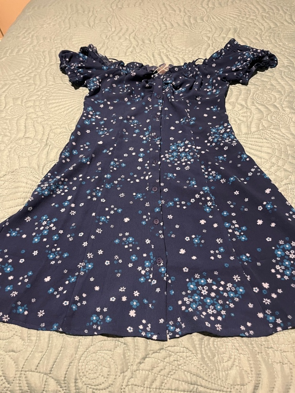 Adore Me Navy Blue Floral Off-Shoulder Button Front Dress